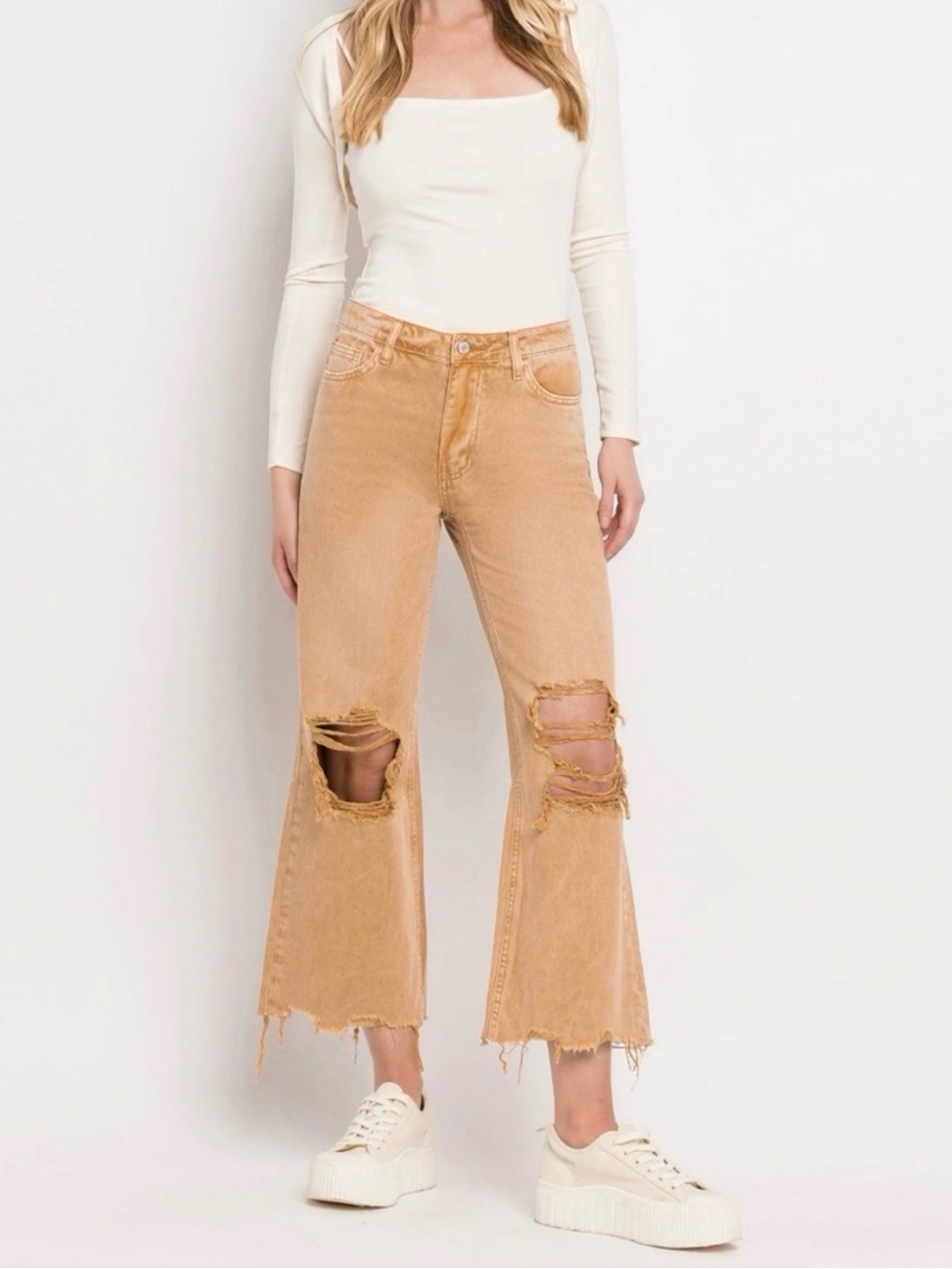 VERVET KISS OF CALIFORNIA BY FLYING MONKEY-Tan Distressed Wide-Leg Jeans-Size-25